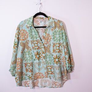 Johnny Was Corbetta Silk Chiffon Relaxed Smocked Button Front Blouse Shirt Top L
